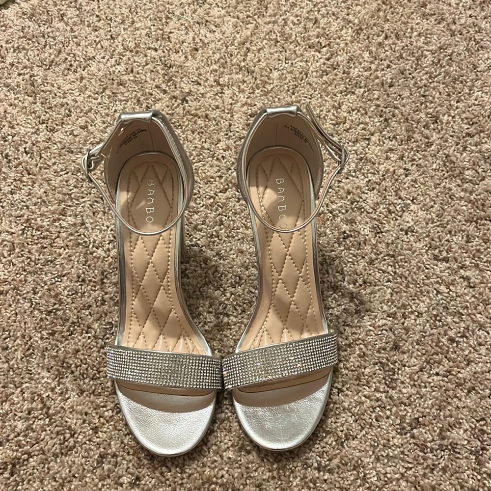 Silver bedazzled heels with thick heel